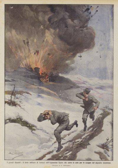 大災害、リグリアのアペニン山脈のアレッシの軍事要塞が爆破？ 作： Achille Beltrame